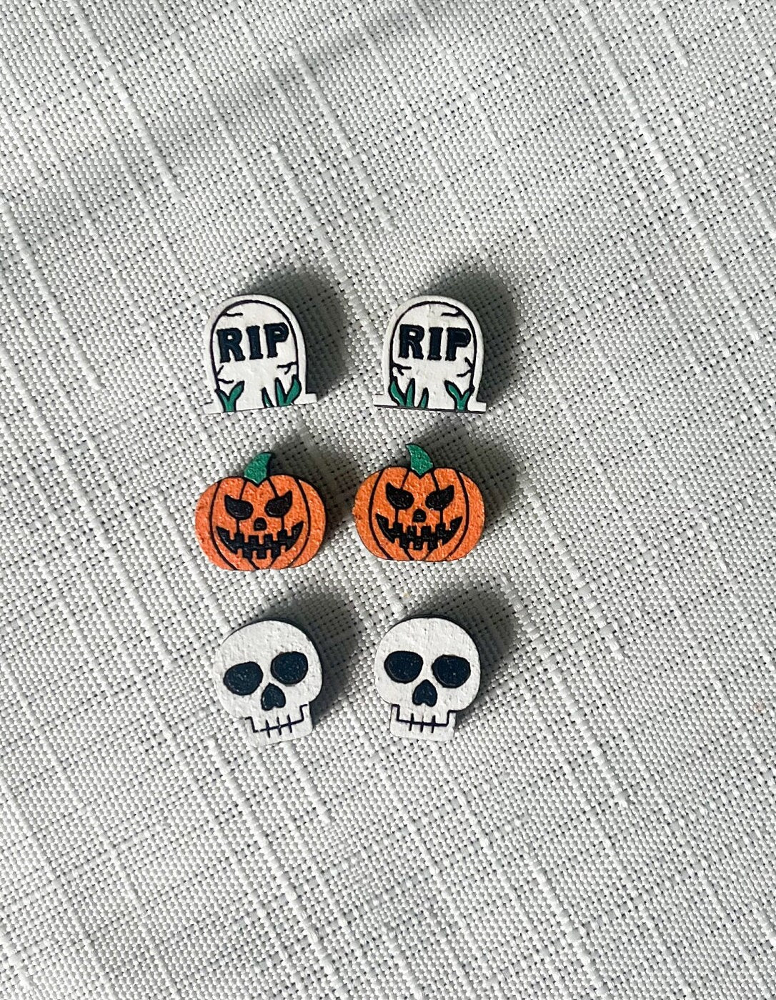 Creepy Halloween Stud Collection Bloody Knife Vampire Werewolf Jack-o-Lantern, Skull, Witch, Scary Clown, RIP Tombstone Wooden Earrings