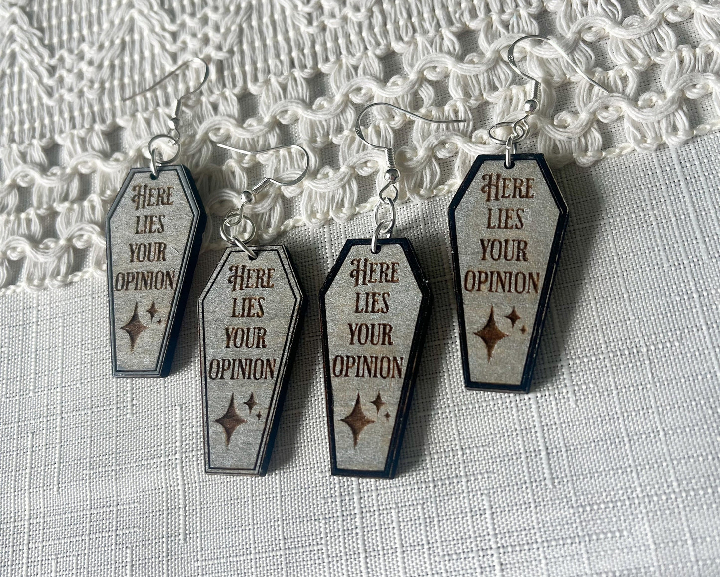 Here Lies Your Opinion Coffin Funny Creepy Halloween Dangle Laser Engraved Hand Painted Wooden Earrings