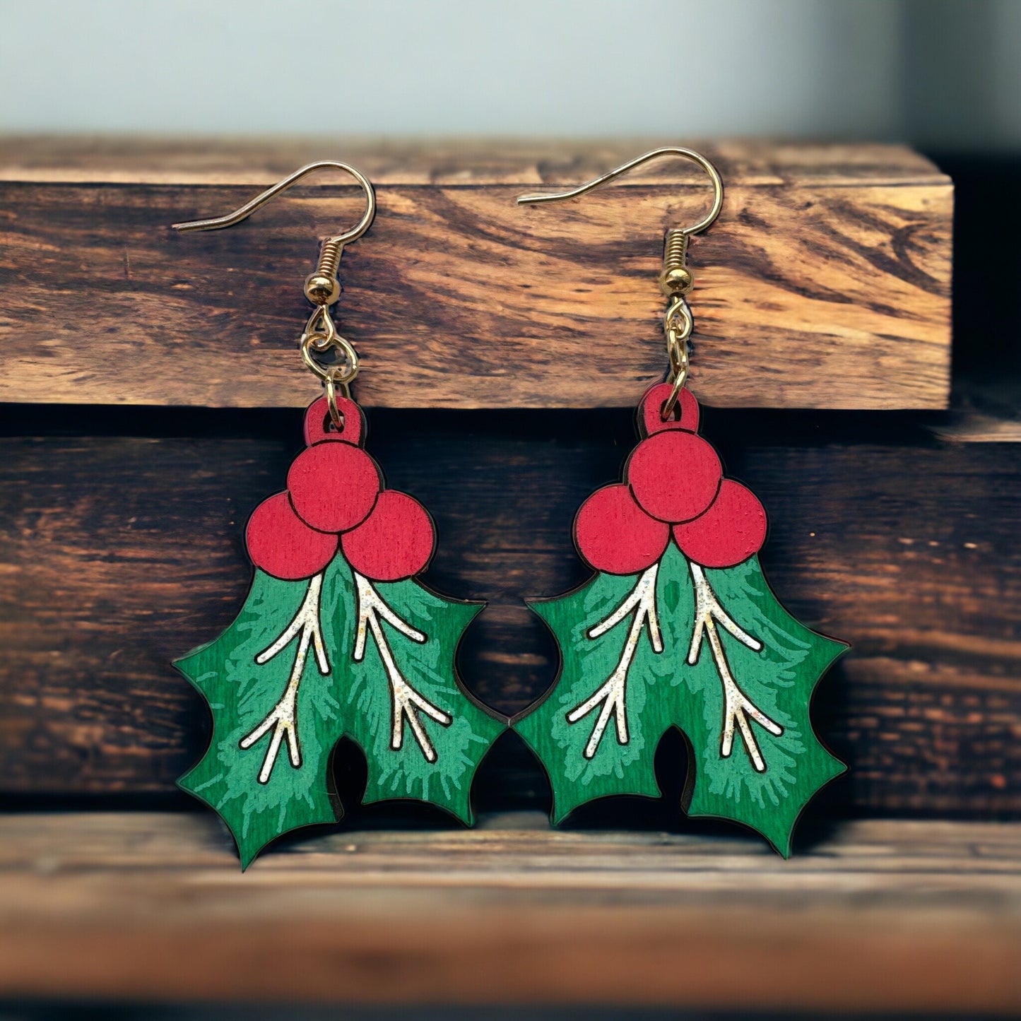 Mistletoe Dangle Earrings - Hypoallergenic Hooks, Handpainted Wooden Festive Jewelry, Perfect Christmas Gift