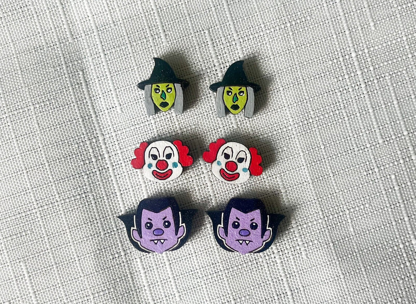 Creepy Halloween Stud Collection Bloody Knife Vampire Werewolf Jack-o-Lantern, Skull, Witch, Scary Clown, RIP Tombstone Wooden Earrings