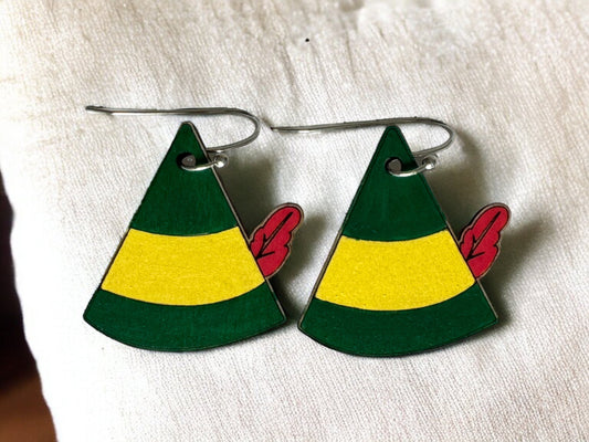 Christmas Elf Hat Earrings - Buddy Inspired, Festive Holiday Jewelry, Handcrafted, Unique Secret Santa Gift, Lightweight Wood