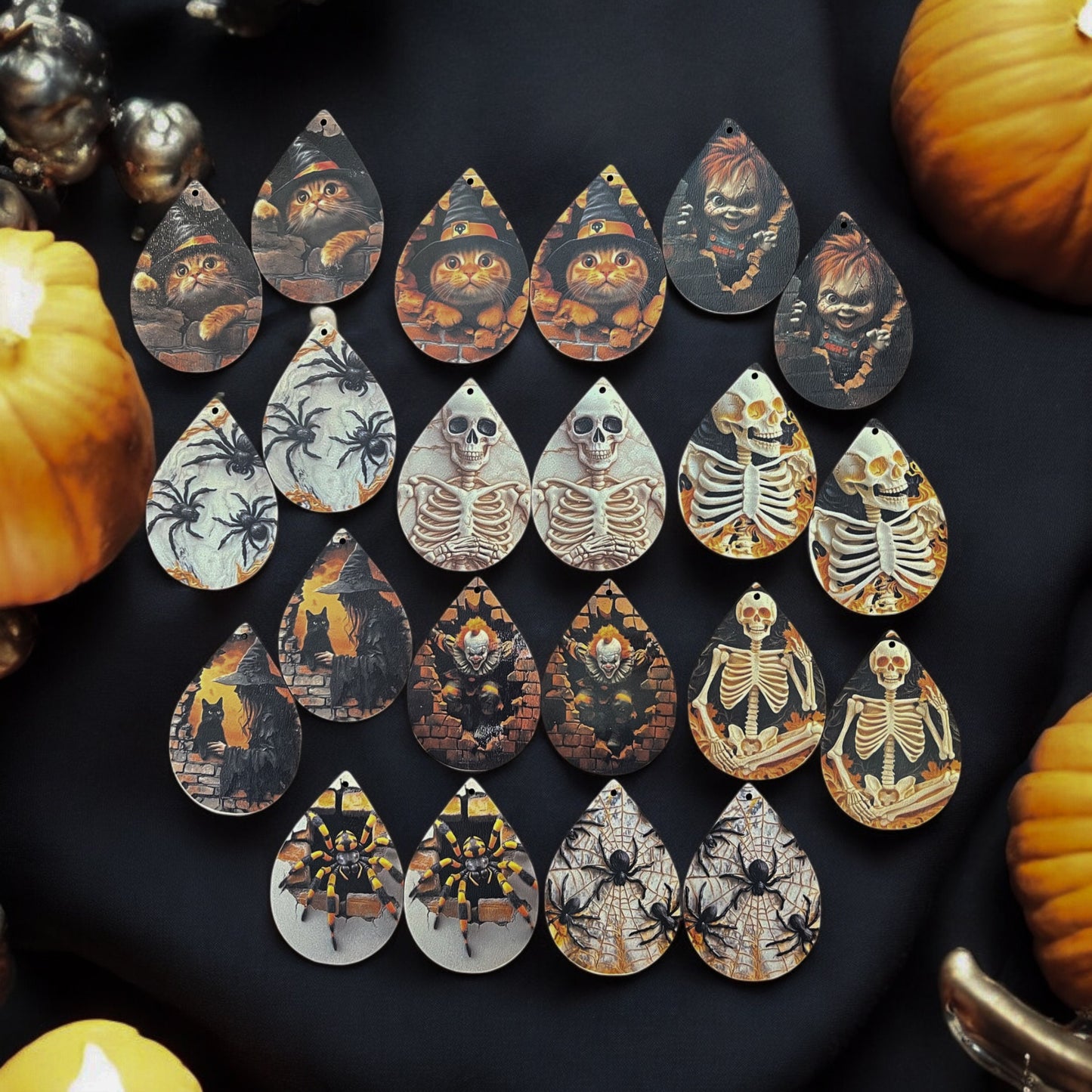 3D Halloween Teardrop Earrings | Spooky Skeleton, Cat, Clown, Spider Designs