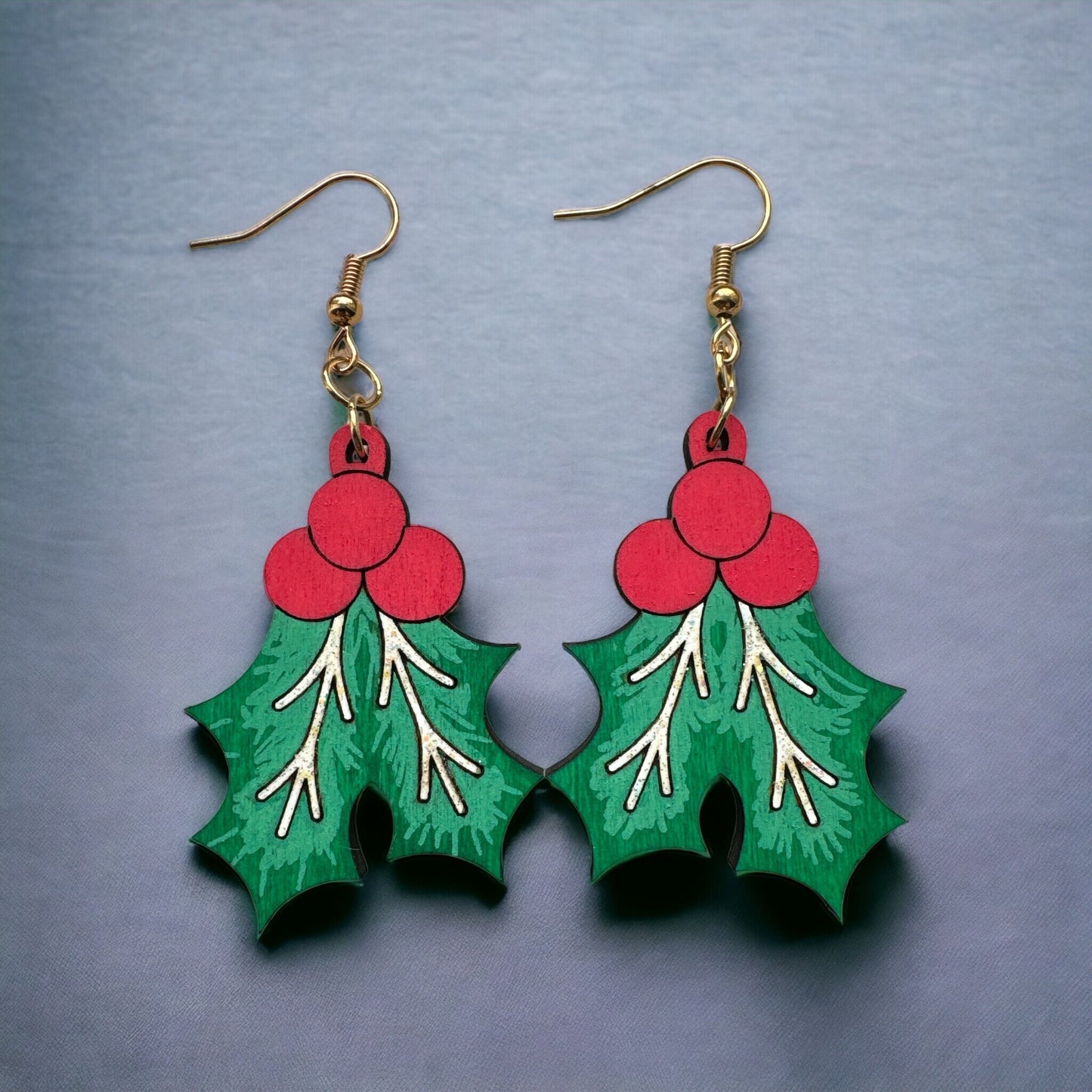 Mistletoe Dangle Earrings - Hypoallergenic Hooks, Handpainted Wooden Festive Jewelry, Perfect Christmas Gift