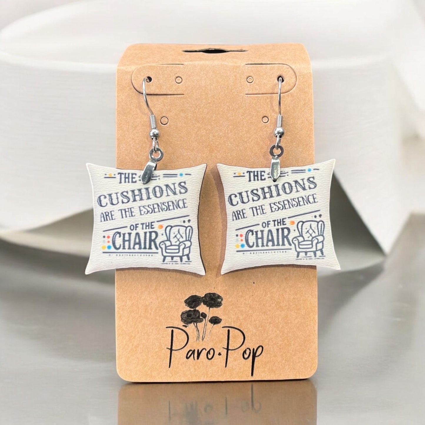 Custom Friends TV Show Earrings – “The Cushions Are the Essence of the Chair” | Eucalyptus Hardboard Sublimated | Fun Friends Jewelry Gift