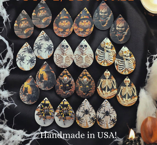 3D Halloween Teardrop Earrings | Spooky Skeleton, Cat, Clown, Spider Designs