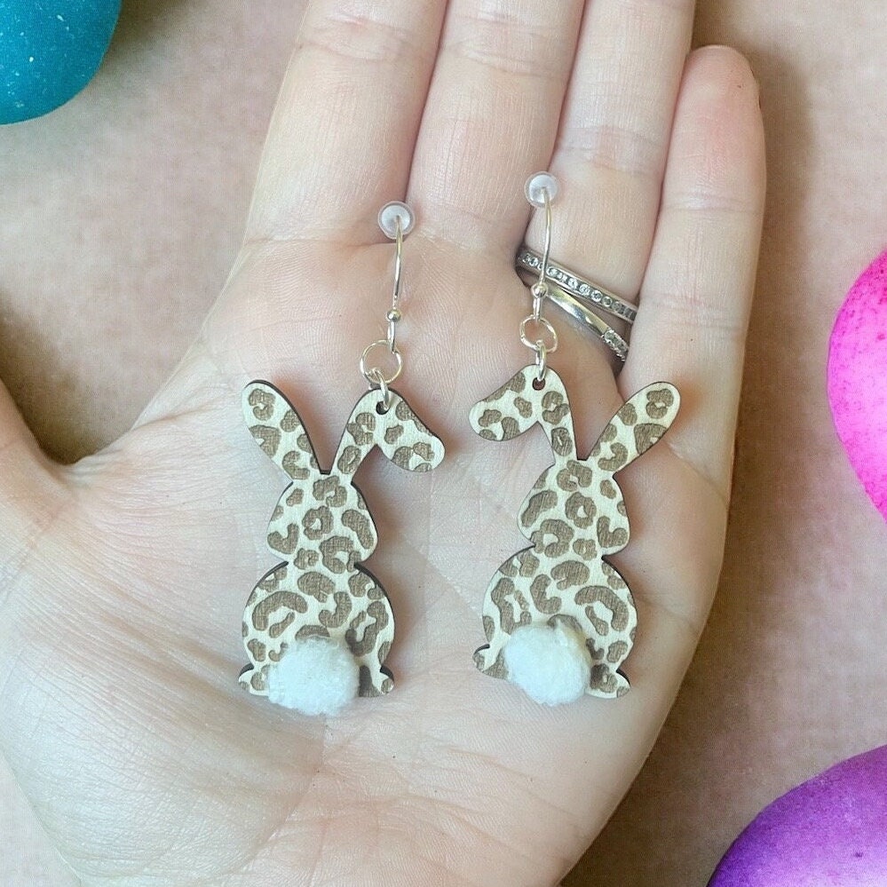 Easter Bunny Earrings - Leopard Print - Unique Hand-Painted Wooden Dangle Earrings with Fluffy Tails