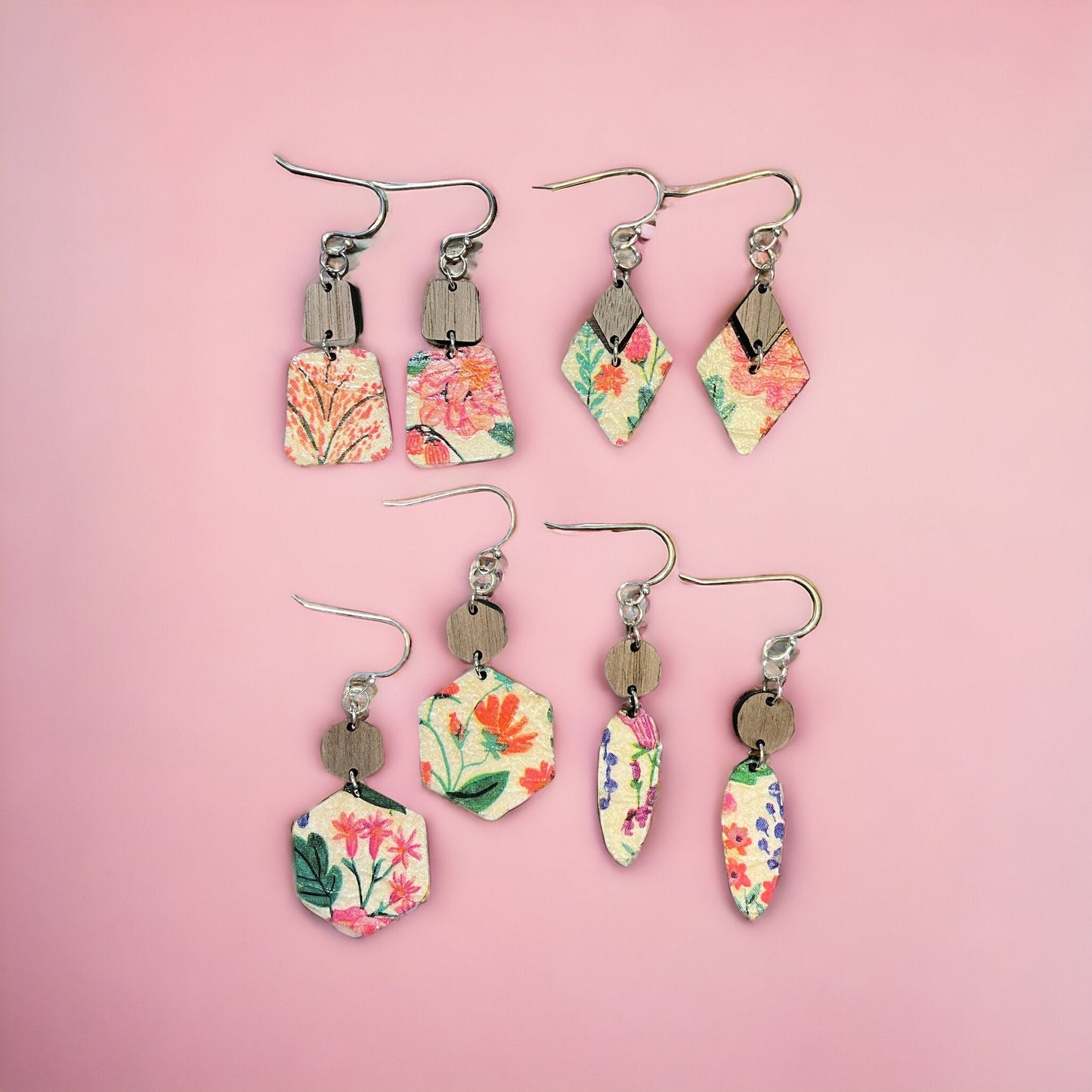 Floral Wood Hexagon Dangle Earrings, Pink Flower Print, Mod Podge Handmade Boho Chic Lightweight Statement Jewelry, Gift for Her