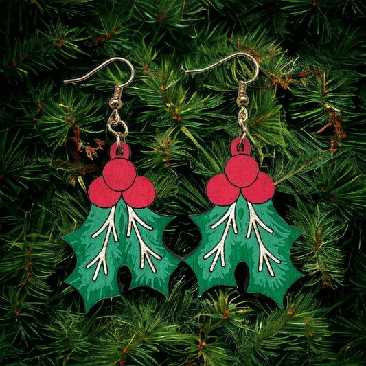 Mistletoe Dangle Earrings - Hypoallergenic Hooks, Handpainted Wooden Festive Jewelry, Perfect Christmas Gift