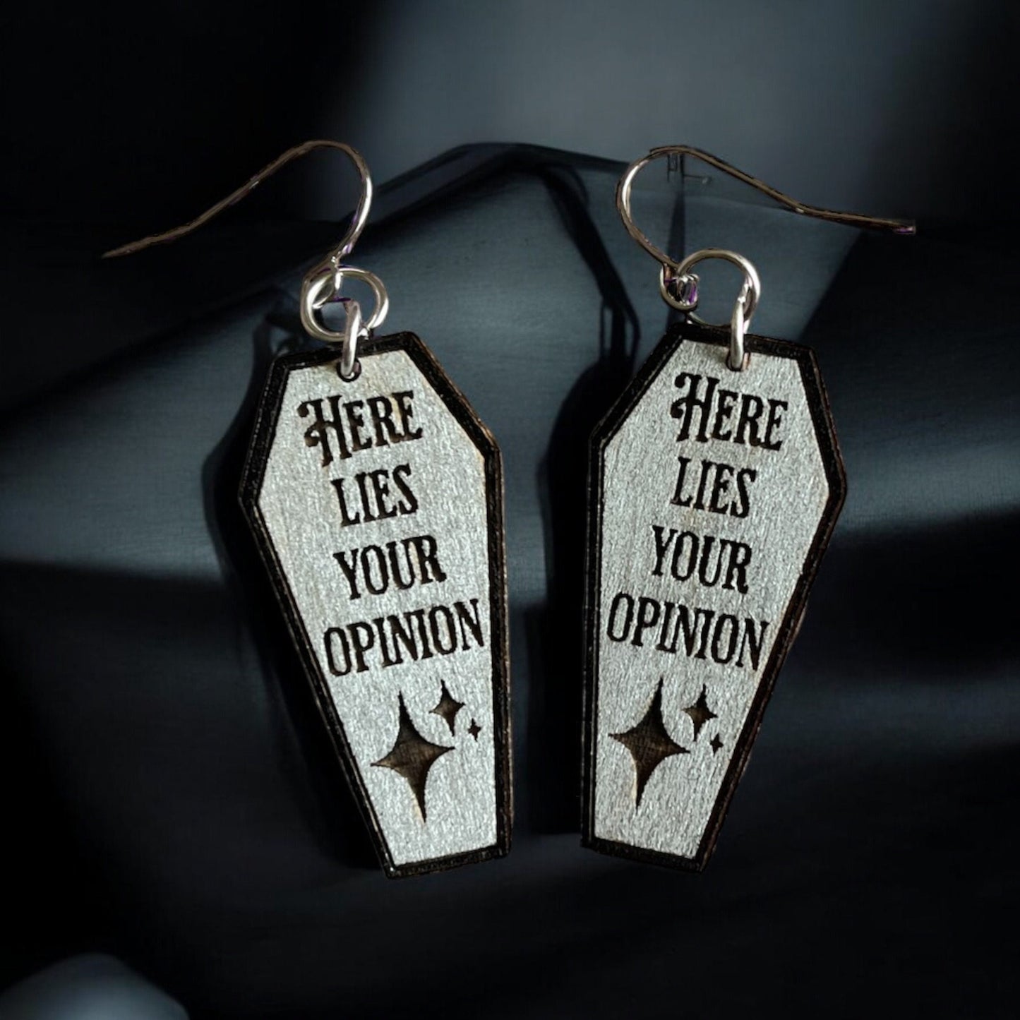 Here Lies Your Opinion Coffin Funny Creepy Halloween Dangle Laser Engraved Hand Painted Wooden Earrings