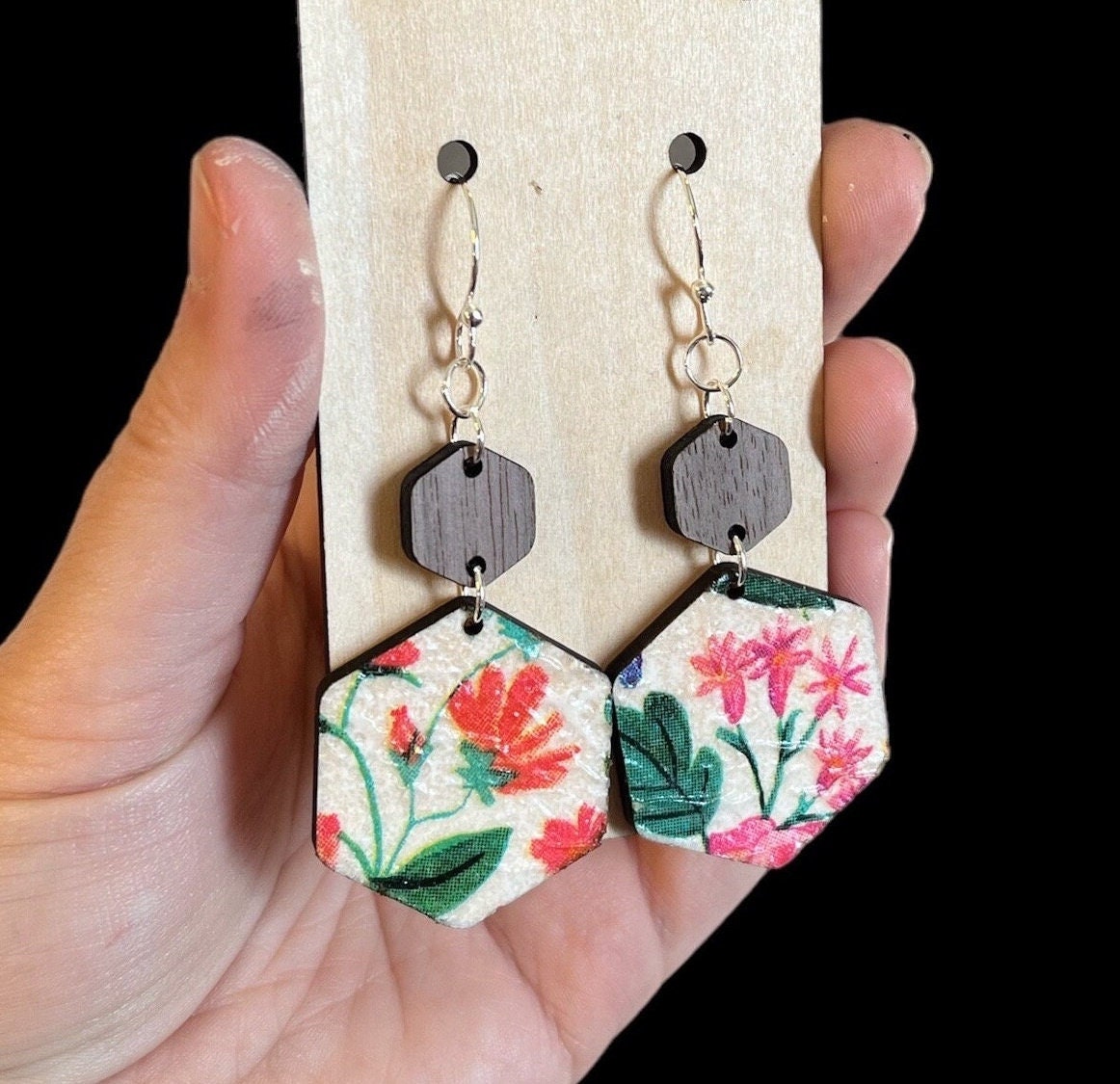 Floral Wood Hexagon Dangle Earrings, Pink Flower Print, Mod Podge Handmade Boho Chic Lightweight Statement Jewelry, Gift for Her