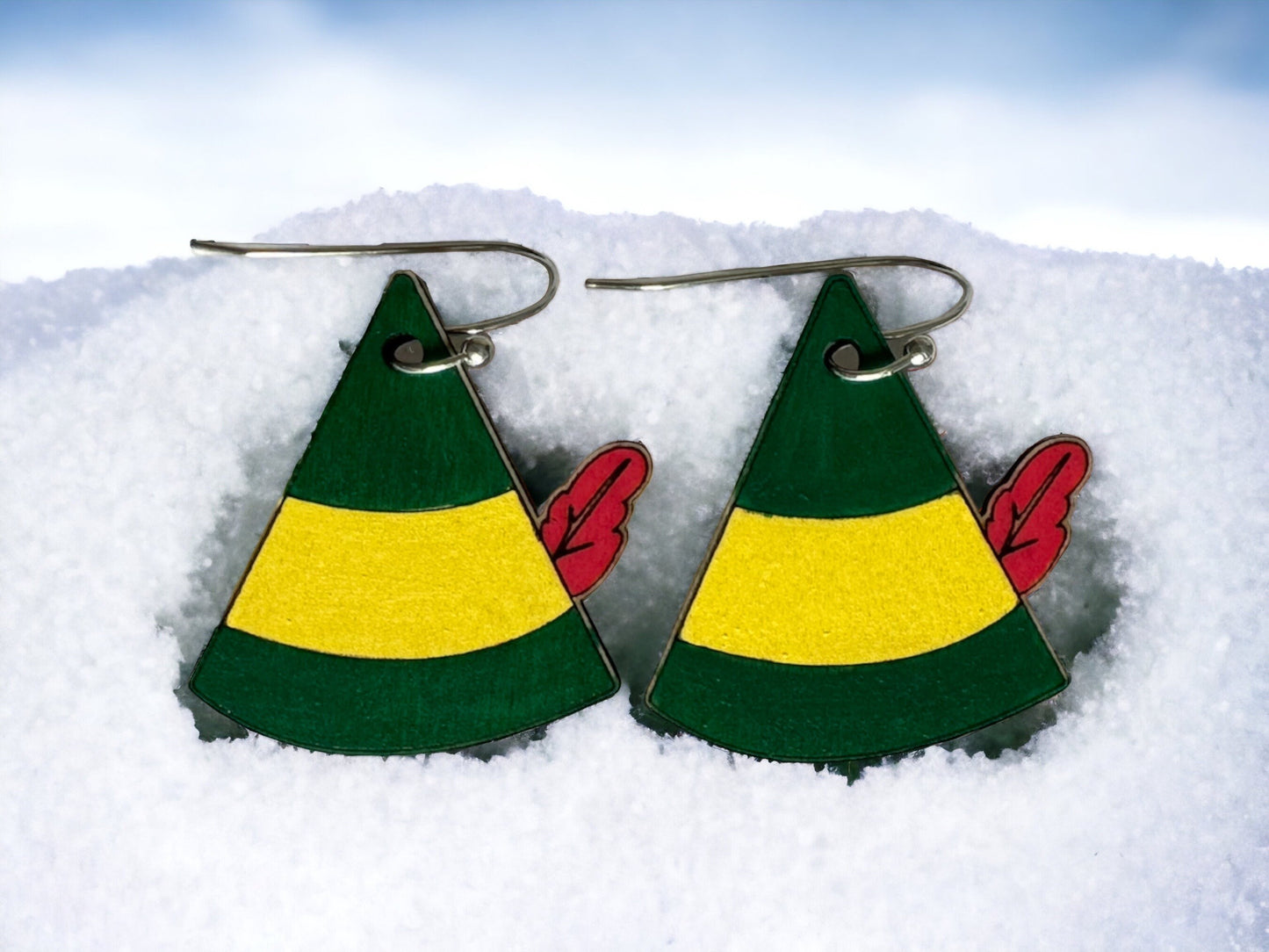 Christmas Elf Hat Earrings - Buddy Inspired, Festive Holiday Jewelry, Handcrafted, Unique Secret Santa Gift, Lightweight Wood