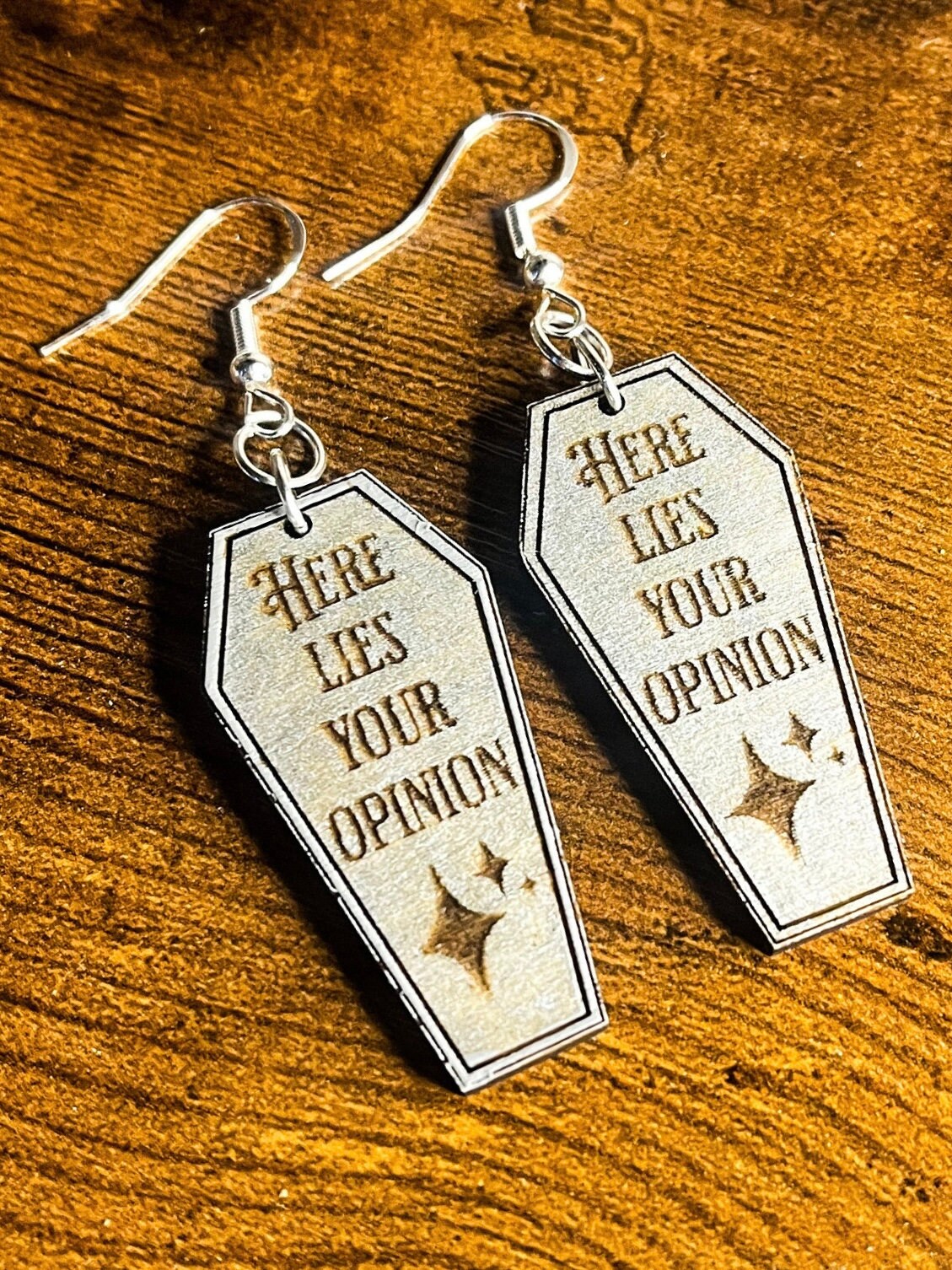 Here Lies Your Opinion Coffin Funny Creepy Halloween Dangle Laser Engraved Hand Painted Wooden Earrings