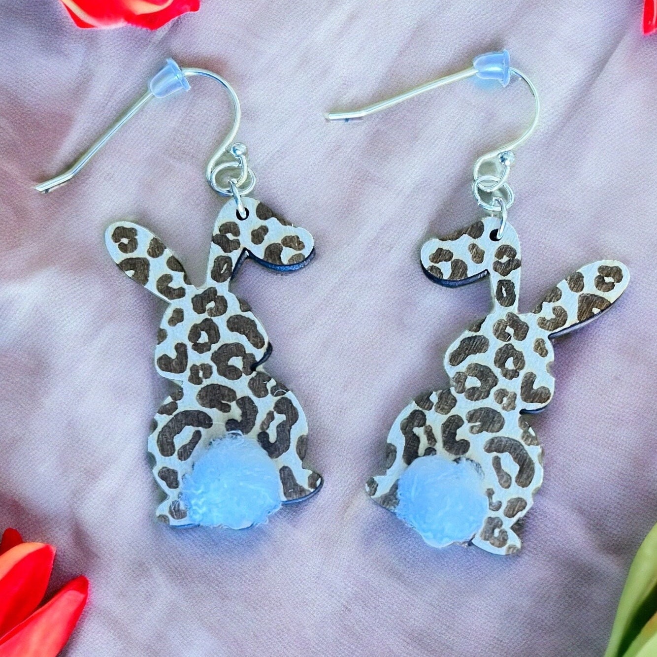 Easter Bunny Earrings - Leopard Print - Unique Hand-Painted Wooden Dangle Earrings with Fluffy Tails