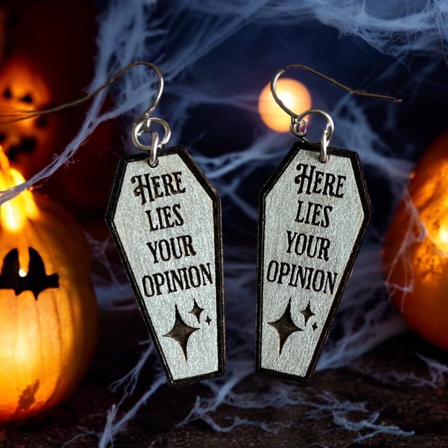 Here Lies Your Opinion Coffin Funny Creepy Halloween Dangle Laser Engraved Hand Painted Wooden Earrings