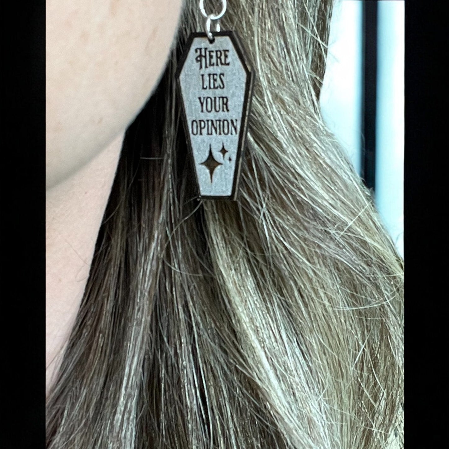 Here Lies Your Opinion Coffin Funny Creepy Halloween Dangle Laser Engraved Hand Painted Wooden Earrings