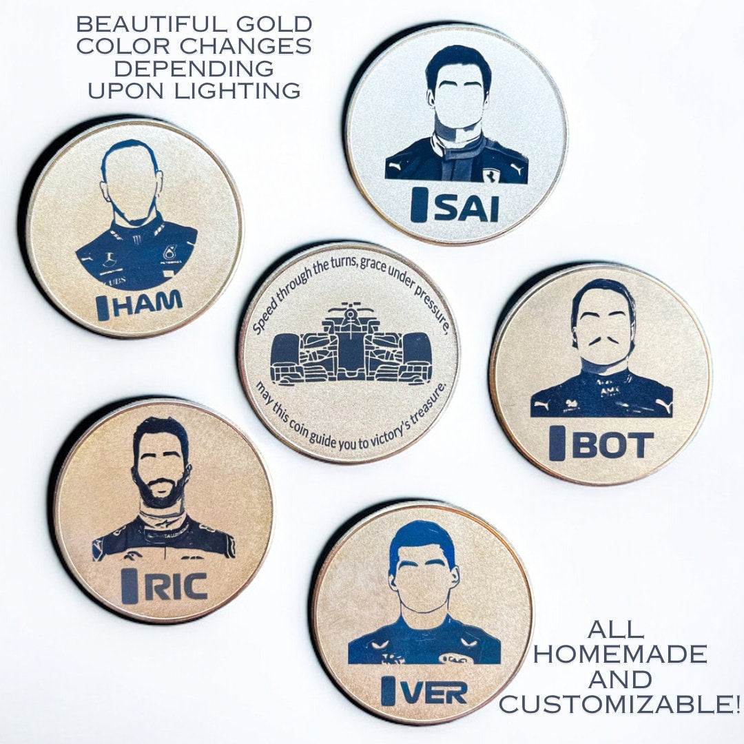 Formula 1 Inspired Bronze Lucky Coins - Laser Engraved F1 Driver Silhouettes with Motivational Quote