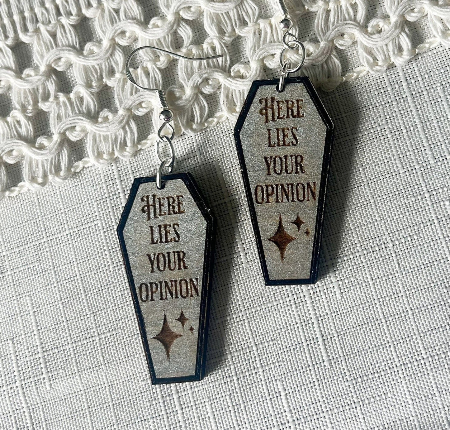 Here Lies Your Opinion Coffin Funny Creepy Halloween Dangle Laser Engraved Hand Painted Wooden Earrings