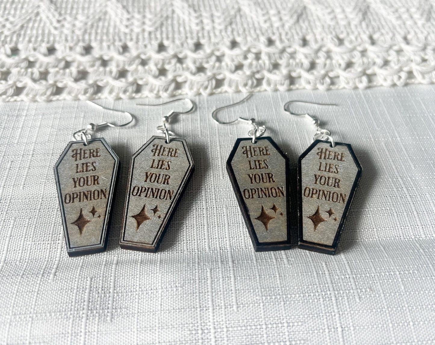 Here Lies Your Opinion Coffin Funny Creepy Halloween Dangle Laser Engraved Hand Painted Wooden Earrings