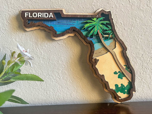 Florida State Wooden Wall Art - Handcrafted - Rustic Home Decor - 10x8" Beach & Palms Silhouette