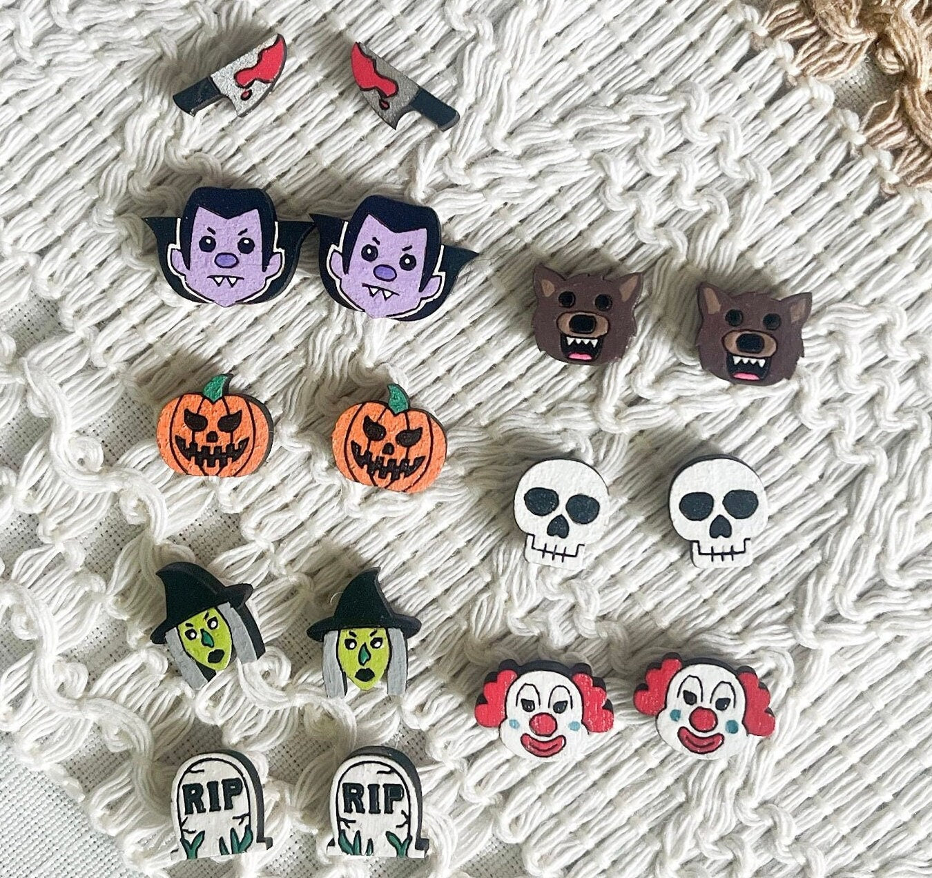 Creepy Halloween Stud Collection Bloody Knife Vampire Werewolf Jack-o-Lantern, Skull, Witch, Scary Clown, RIP Tombstone Wooden Earrings