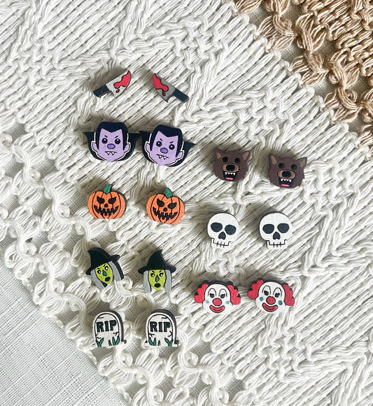 Creepy Halloween Stud Collection Bloody Knife Vampire Werewolf Jack-o-Lantern, Skull, Witch, Scary Clown, RIP Tombstone Wooden Earrings