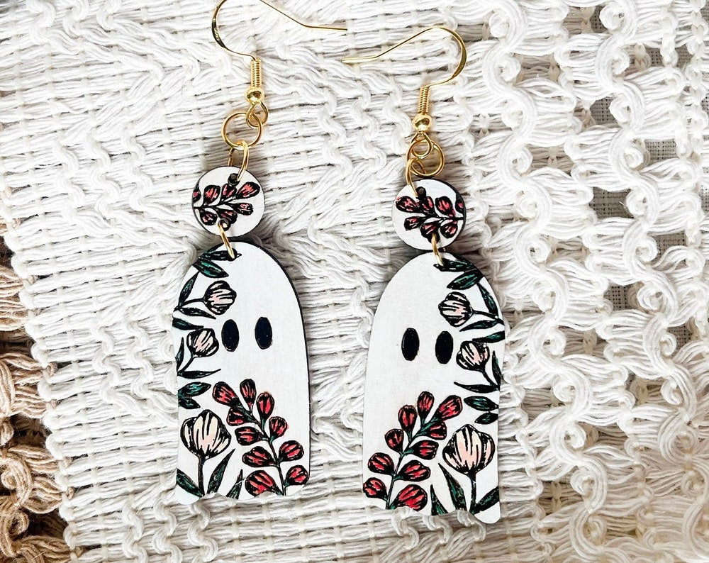 Halloween Earrings | Floral Boho Ghost Jewelry | Laser Engraved Wood | Hand Painted | Spooky Cute | Fall Autumn Accessories