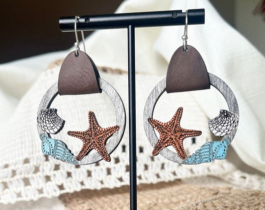 Nautical Seashell Earrings | Beach Sea Life Jewelry | Starfish Wooden Hoops | Laser Engraved | Hand Painted | Coastal Dangle Earrings